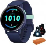 Garmin 010-02862-12 Vivoactive 5 Fitness Smartwatch, Navy | Official USA Partner Model | Bundle with Workout Cooling Sport Towel and Deco Essentials Wearable Commuter Front and Rear Safety Light