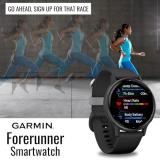 Garmin Forerunner 165 GPS Running Smartwatch (Black and Slate Gray) Bundle with Tempered Glass Screen Protector and Portable Charger Stand (3 Items)