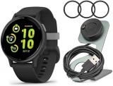 Garmin Forerunner 165 GPS Running Smartwatch (Black and Slate Gray) Bundle with Tempered Glass Screen Protector and Portable Charger Stand (3 Items)