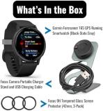 Garmin Forerunner 165 GPS Running Smartwatch (Black and Slate Gray) Bundle with Tempered Glass Screen Protector and Portable Charger Stand (3 Items)