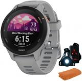Garmin 010-02641-02 Forerunner 255S GPS Smartwatch, Powder Grey | Official USA Partner Model | Bundle with Workout Cooling Sport Towel and Deco Essentials Wearable Commuter Front & Rear Safety Light