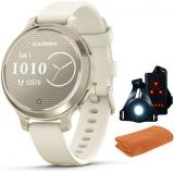 Garmin 010-02891-00 Lily 2 Active Smartwatch Lunar Gold with Bone Silicone Band Bundle with Workout Cooling Sport Towel and Deco Essentials Wearable Commuter Front and Rear Safety Light