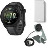 Garmin Forerunner 165 GPS Running Smartwatch (Black and Slate Gray) Bundle with Silhouette 6,000mAh Portable Accessory (White) and Focus Camera Portable Charger Stand and USB Charging Cable (3 Items)