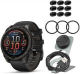 Garmin Fenix 8 Sapphire 47mm GPS Smartwatch (Black and Pebble Gray) Bundle with Focus Camera Charger Stand and USB Cable and Focus 9H Tempered Glass Screen Protector Film (47mm, 3-Pack) (3 Items)