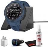 Garmin Instinct Crossover Solar Rugged Hybrid Smartwatch with Solar Charging Capabilities Tidal Blue with Watch Charging Stand, 2-Port Car Adapter, Wall-Adapter & Watch Cleaning Kit (010-02730-12)
