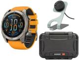 Garmin Fenix 8 Sapphire 47mm GPS Smartwatch (Spark Orange and Graphite) Bundle with Waterproof Hard Case and Portable Charger Stand (3 Items)
