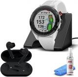Garmin Approach S62 GPS Golf Watch (Black Bezel/White Band) + Wireless Headphones + Charging Base + 6TH AVE Cleaning Kit w/Virtual Caddie Mapping (010-02200-00) (010-02200-01)