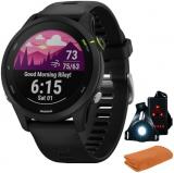 Garmin 010-02641-20 Forerunner 255 Music GPS Smartwatch, Black | Official USA Partner Model | Bundle with Workout Cooling Sport Towel and Deco Essentials Wearable Commuter Front and Rear Safety Light
