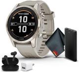 Garmin Fenix 7S Pro Solar Edition Sapphire GPS Smartwatch 42 MM Built-in Flashlight and Power Sapphire Solar Charging Lens and Advanced Training Features with Soft Gold with Light Sand Band