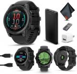 Garmin Fenix E 47MM AMOLED Premium Multisport GPS Smartwatch, 16 Days Long-Lasting Battery Life, Slate Gray Steel with Black Silicone Band, Health & Fitness Smart Watch Bundle for Men and Women