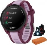 Garmin 010-02863-33 Forerunner 165 Music Smart Sport Watch, Berry + Lilac | Official USA Partner Model | Bundle with Sport Towel + Deco Essentials Wearable Commuter Front and Rear Safety Light