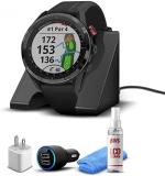 Garmin Approach S62 GPS Golf Watch (Black Bezel/Black Band) + Charging Base + USB Wall Cube + USB Car Adapter + 6TH AVE Cleaning Kit w/Virtual Caddie Mapping (010-02200-00) (010-02200-00)