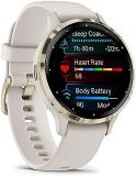 Garmin 010-02785-04 Venu 3S Health Fitness GPS Smartwatch Gold Steel Bezel with Ivory Case (41mm) | Official USA Partner Model | Bundle with Towel, Deco Essentials Commuter Front, Rear Safety Light