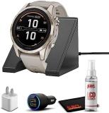 Garmin Fenix 7S Pro Solar, Sapphire, Soft Gold Steel, Light Sand High Performance Smartwatch, Advanced Training Technology with Charging Stand, Car & Wall Adapters and Cleaning Kit