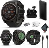Garmin Fenix 8 51MM Solar Sapphire Multisport GPS Smartwatch Carbon Gray DLC Titanium with Black Gray Silicone Band, Built-in LED Flashlight, Fitness & Health Smart Watch Bundle for Men & Women