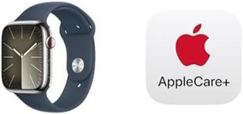 Apple Watch Series 9 [GPS + Cellular 45mm] Smartwatch with Silver Stainless Steel Case with Storm Blue Sport Band S/M. Fitness Tracker, ECG Apps, Always-On Retina Display with AppleCare+ (2 Years)