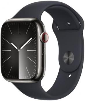 Apple Watch Series 9 [GPS + Cellular 45mm] Smartwatch with Graphite Stainless Steel Case with Midnight Sport Band M/L. Fitness Tracker, Blood Oxygen & ECG Apps, Always-On Retina Display