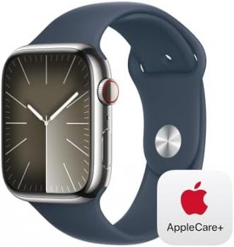 Apple Watch Series 9 [GPS + Cellular 45mm] Smartwatch with Silver Stainless Steel Case with Storm Blue Sport Band M/L with AppleCare+ (2 Years)