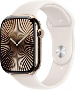 Apple Watch Series 10 [GPS + Cellular, 46mm] - Gold Titanium Case with Starlight Sport Band, S/M (Renewed)
