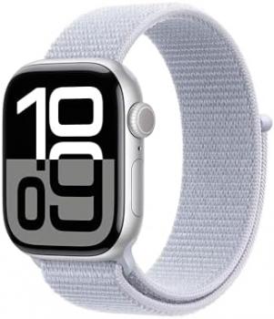 Apple Watch Series 10 [GPS + Cellular 42mm case] Smartwatch with Silver Aluminium Case with Blue Cloud Sport Loop. Fitness Tracker, ECG App, Always-On Retina Display, Carbon Neutral
