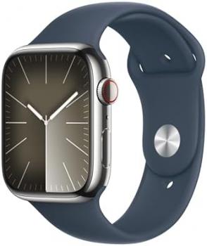 Apple Watch Series 9 [GPS + Cellular, 45mm] - Silver Stainless Steel Case with Storm Blue Sport Band, S/M (Renewed)