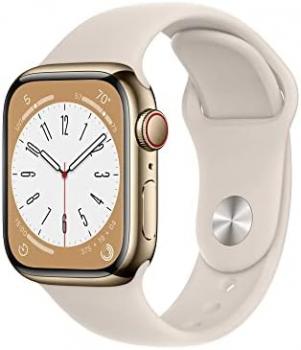 Apple Watch Series 8 (GPS + Cellular, 41MM) Gold Stainless Steel Case with Starlight Sport Band - S/M (Renewed)