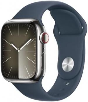 Apple Watch Series 9 [GPS + Cellular, 41mm] - Silver Stainless Steel Case with Storm Blue Sport Band, M/L (Renewed)