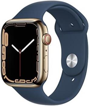 Apple Watch Series 7 (GPS + Cellular, 45MM) - Gold Stainless Steel Case with Abyss Blue Sport Band (Renewed)