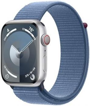 Apple Watch Series 9 [GPS + Cellular, 45mm] - Silver Aluminum Case with Winter Blue Sport Loop, One Size (Renewed)