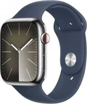 Apple Watch Series 9 [GPS + Cellular, 41mm] - Silver Stainless Steel Case with Storm Blue Sport Band, S/M (Renewed)