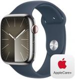 Apple Watch Series 9 [GPS + Cellular 45mm] Smartwatch with Silver Stainless Steel Case with Storm Blue Sport Band S/M with AppleCare+ (2 Years)