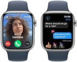 Apple Watch Series 9 [GPS + Cellular 45mm] Smartwatch with Silver Stainless Steel Case with Storm Blue Sport Band M/L. Fitness Tracker, Blood Oxygen & ECG Apps, Always-On Retina Display
