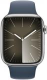 Apple Watch Series 9 [GPS + Cellular, 45mm] - Silver Stainless Steel Case with Storm Blue Sport Band, M/L (Renewed Premium)