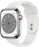 Apple Watch Series 8 (GPS + Cellular, 45MM) Silver Stainless Steel Case with White Sport Band (Renewed Premium)