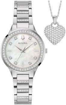 Bulova-Ladies' Crystal Stainless Steel Box Set with White Mother-of-Pearl Dial 3-Hand Quartz-Watch and Heart Crystal-Pendant-Necklace, 30mm Style: 96X162