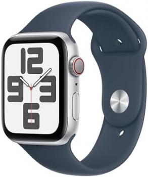 Apple Watch SE (2nd Gen) [GPS + Cellular 44mm] Smartwatch with Silver Aluminum Case with Storm Blue Sport Band S/M. Fitness & Sleep Tracker, Crash Detection, Heart Rate Monitor