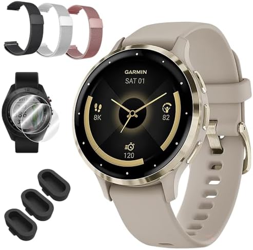 Garmin Venu 3S Soft Gold Stainless Steel Bezel AMOLED Smartwatch, 41mm French Gray Case, 010-02785-02 - Bundle w/Deco Essentials 18mm Nylon Elastic Bands