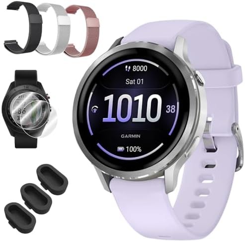 Garmin Venu 4 41mm Health and Fitness GPS Smartwatch, AMOLED, Silver with Periwinkle Silicone Band, 010-03013-01 - Bundle w/Deco Essentials 18mm Nylon Elastic Bands