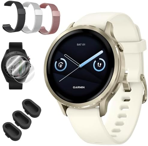 Garmin Venu 4 41mm Health and Fitness GPS Smartwatch, AMOLED, Lunar Gold with Bone Silicone Band, 010-03013-00 - Bundle w/Deco Essentials 18mm Nylon Elastic Bands