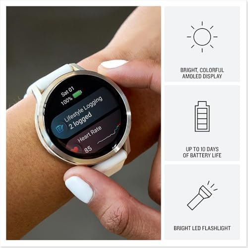 Garmin Venu 4 41mm Health and Fitness GPS Smartwatch, AMOLED, Lunar Gold with Bone Silicone Band, 010-03013-00 - Bundle w/Deco Essentials 18mm Nylon Elastic Bands