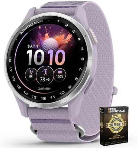 Garmin 010-03898-10 Approach J1 Silver Aluminum Bezel with Lilac ComfortFit Fabric Band Bundle with Deco Essentials Exclusive 26 Month CPS Enhanced Protection Pack