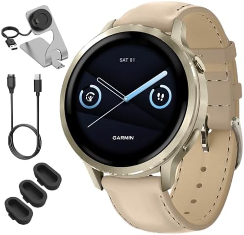 Garmin Venu 4 41mm Health and Fitness GPS Smartwatch, AMOLED, Lunar Gold with Bone Band and Light Sand Leather Band, 010-03013-03 - Bundle w/Deco Essentials Charging Dock, Dust Cover and USB-C Cable
