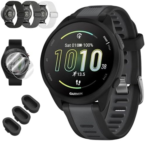 Garmin Forerunner 165 Smart Sport Watch, Black + Slate Gray 010-02863-20 Bundle with Deco Essentials 3X Nylon Elastic Bands, 3X Silicone Dust Cover and 2X Screen Protector