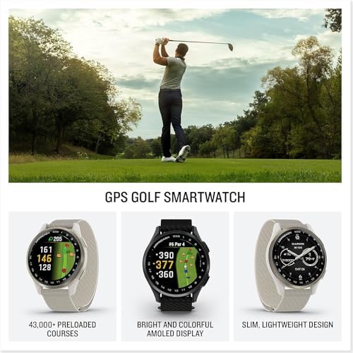 Garmin Approach S50, Advanced Golf GPS Smartwatch, AMOLED Display, On-Course Features, Cream Gold Aluminum Bezel with Ivory ComfortFit Nylon Band - Bundle w/Deco Essentials Nylon Elastic Bands
