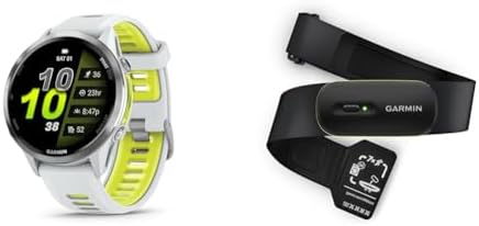 Bundle of Garmin Forerunner 970, Premium GPS Smartwatch, AMOLED Display, Built-in LED Flashlight, Titanium with Whitestone Case and Whitestone/Translucent Amp Yellow Band + Garmin HRM 600, M-XL