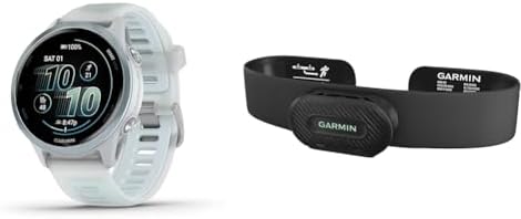 Bundle of Garmin Forerunner 570, 42mm, GPS Running Smartwatch, AMOLED Display, Training and Recovery Features, Cloud Blue Aluminum with Translucent Whitestone/Band + Garmin HRM-Fit