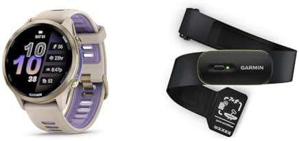 Bundle of Garmin Forerunner 970, GPS Smartwatch, AMOLED Display, Built-in LED Flashlight, Soft Gold Titanium with French Gray Case and French Gray/Translucent Indigo Band + Garmin HRM 600 XS-S