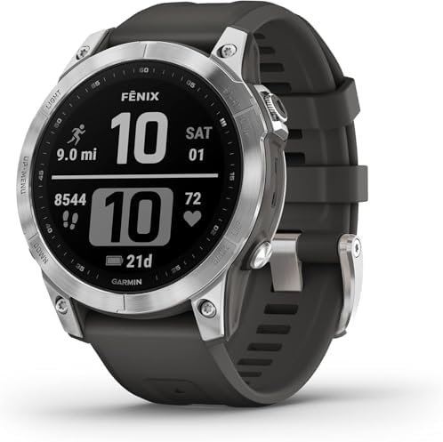 Garmin 010-02540-00 fenix 7, adventure smartwatch, rugged outdoor watch with GPS, touchscreen, health and wellness features, silver with graphite band (Renewed Premium)