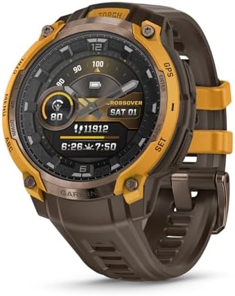Garmin Instinct Crossover AMOLED, Rugged Hybrid GPS Smartwatch with Analog Watch Hands and Bright AMOLED Display, Bronze/Sunburst with Cocoa Silicone Band