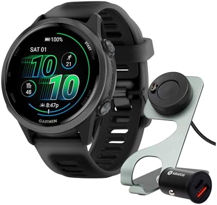 Garmin Forerunner 570 42mm GPS Running Smartwatch (Slate Gray/Black Band) Bundle with Stand, Charging Cable and Car Charger (3 Items)